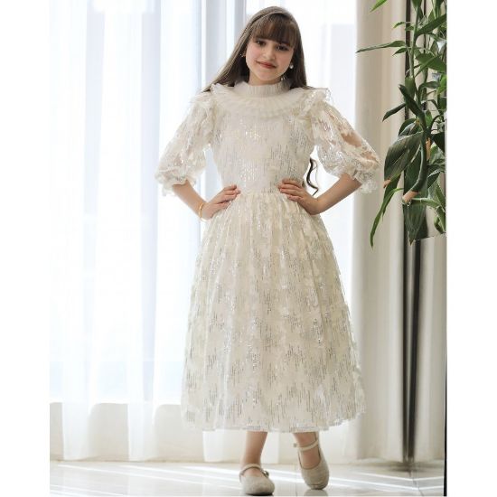 صورة فستان بناتي مطرز لمعة بياقة كشكشة وأكمام "باف" فاخرة - 1211