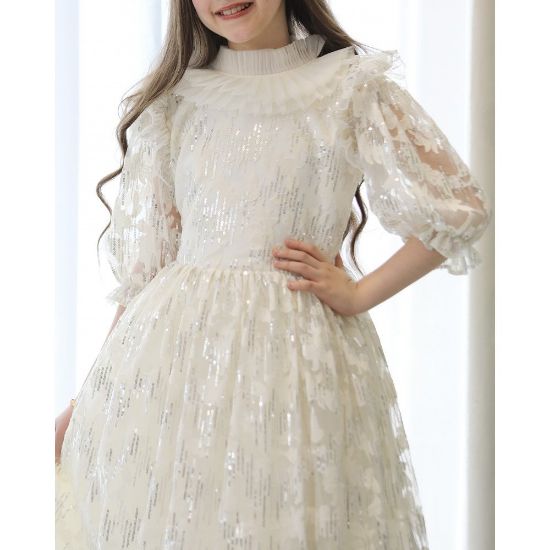 صورة فستان بناتي مطرز لمعة بياقة كشكشة وأكمام "باف" فاخرة - 1211