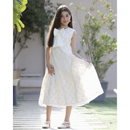 صورة فستان بناتي سكري كاروهات بفيونكة صدر وتحديد لؤلؤ ملكي - 1203