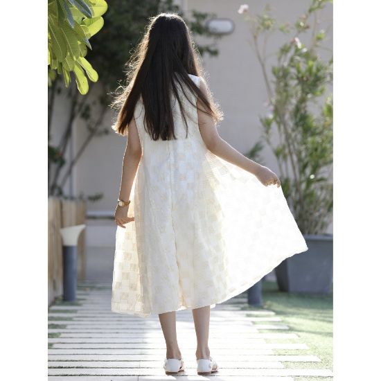 صورة فستان بناتي سكري كاروهات بفيونكة صدر وتحديد لؤلؤ ملكي - 1203