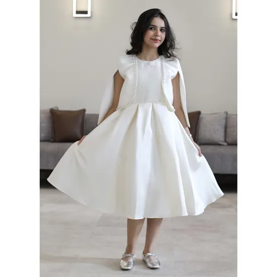 Picture of فستان بناتي سهرة ساتان أوف وايت بجاكيت (كاب) مرصع بالإكسسوار - M3804