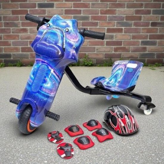 صورة سكوتر درفت صغير مميز بطبعات زرقاء 36 فولت بثلاث عجلات