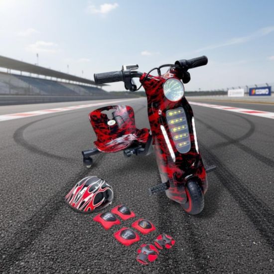 صورة سكوتر درفت صغير بطبعات أحمر ناري مختلفة 36 فولت بثلاث عجلات