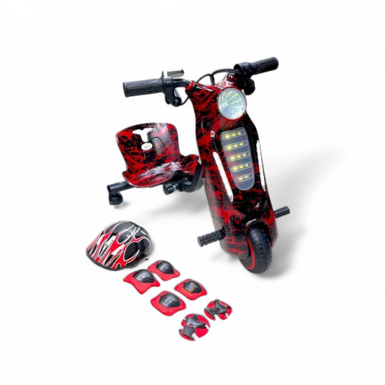 صورة سكوتر درفت صغير بطبعات أحمر ناري مختلفة 36 فولت بثلاث عجلات