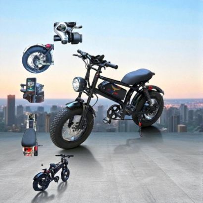 صورة دراجة بايك كهربائية سوداء بتصميم كلاسيكي وكفرات عريضة