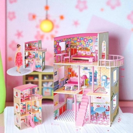 صورة دمية منزل وردي للأطفال مع أثاث كامل