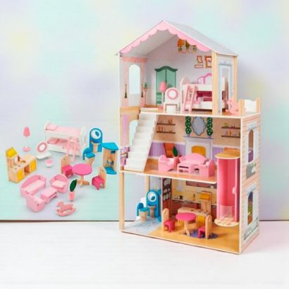 صورة منزل دمى خشبي للأطفال مع أثاث كامل