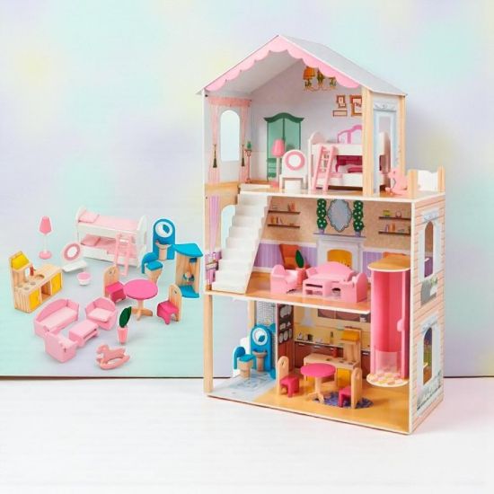 صورة منزل دمى خشبي للأطفال مع أثاث كامل