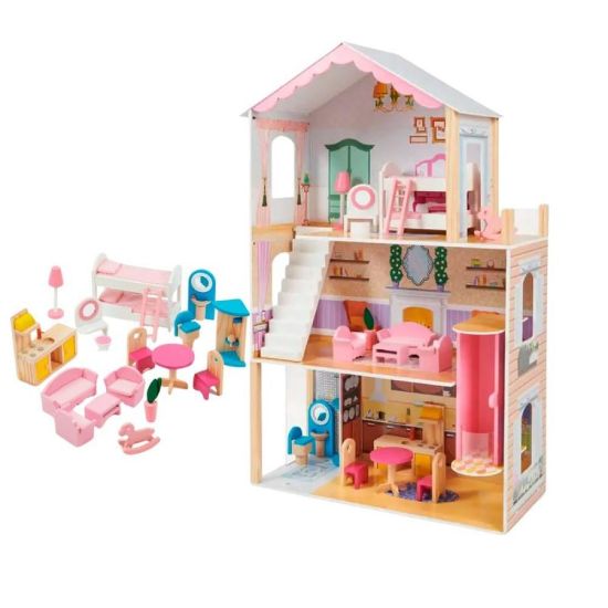 صورة منزل دمى خشبي للأطفال مع أثاث كامل