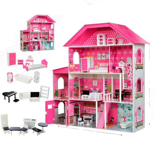 صورة منزل دمى مع أثاث كامل وتصميم وردي للأطفال