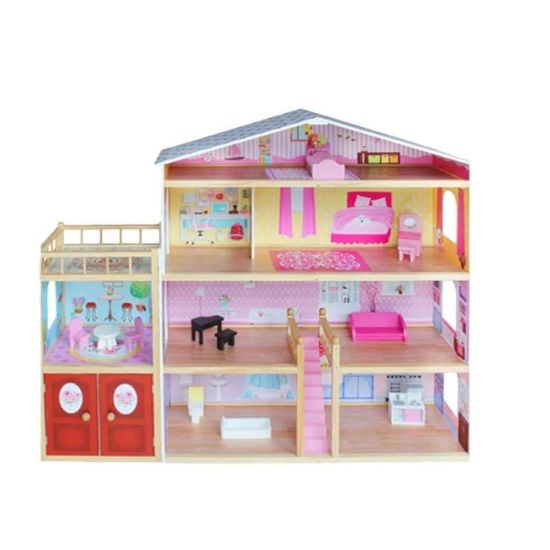 صورة منزل دمى خشبي مع أثاث كامل للأطفال