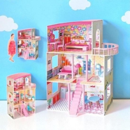 صورة منزل دمى متعدد الطوابق للأطفال مع أثاث كامل