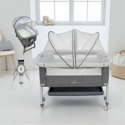 صورة سرير أطفال متنقل مع ناموسية وحامل هزاز