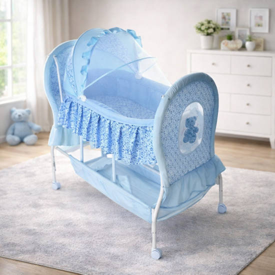 صورة سرير أطفال هزاز مع ناموسية وحواف مرتفعة