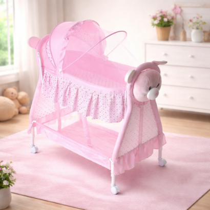 صورة سرير أطفال هزاز مع ناموسية وتصميم دبدوب