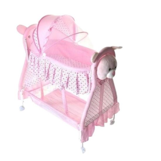 صورة سرير أطفال هزاز مع ناموسية وتصميم دبدوب