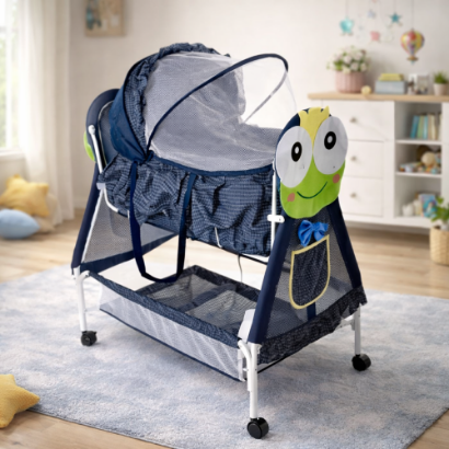 صورة سرير أطفال هزاز مع ناموسية وتصميم ضفدع