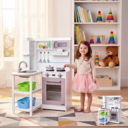 صورة مطبخ أطفال تفاعلي خشبي مع مغسلة وإكسسوارات
