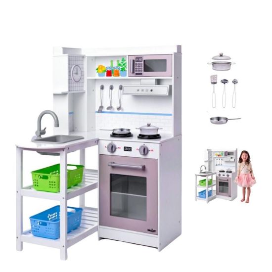 صورة مطبخ أطفال تفاعلي خشبي مع مغسلة وإكسسوارات