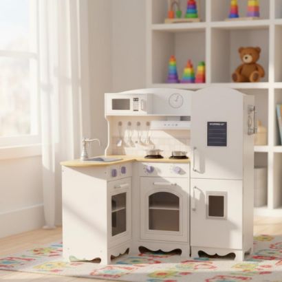 صورة مطبخ أطفال خشبي تفاعلي زاوية مع ثلاجة كاملة