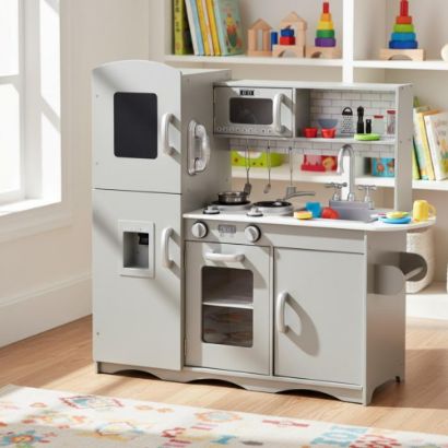 صورة مطبخ أطفال خشبي تفاعلي كامل مع ثلاجة وميكروويف