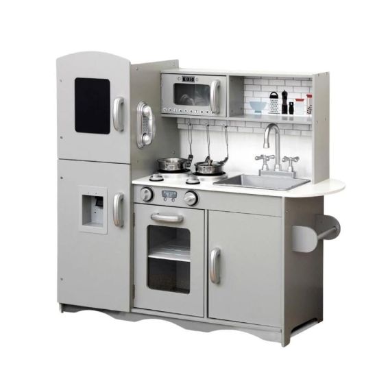 صورة مطبخ أطفال خشبي تفاعلي كامل مع ثلاجة وميكروويف