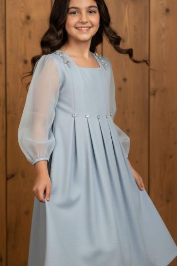 صورة فستان سماوي كم طويل ترتر