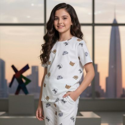 صورة طقم "أصدقاء الغابة" – بيجامة قطنية بنقشة وجوه الحيوانات الكيوت