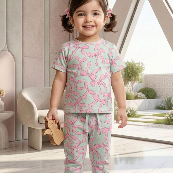 صورة طقم "فيونكة الأحلام" – بيجاما قطنية بناتي باللون المينت والوردي