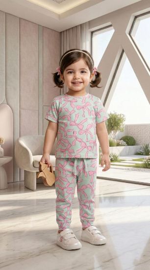 صورة طقم "فيونكة الأحلام" – بيجاما قطنية بناتي باللون المينت والوردي