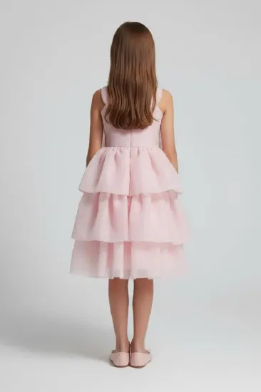 صورة فستان سهرة بناتي وردي بفيونكة كريستالية S01296