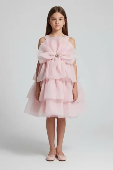 صورة فستان سهرة بناتي وردي بفيونكة كريستالية S01296