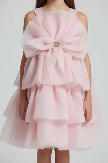 صورة فستان سهرة بناتي وردي بفيونكة كريستالية S01296