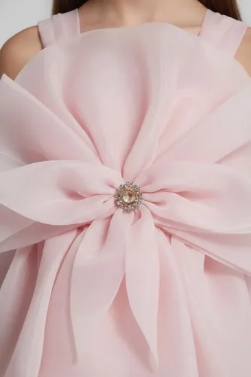 صورة فستان سهرة بناتي وردي بفيونكة كريستالية S01296