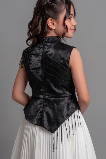 صورة فستان بناتي سكري وأسود بكسرات ملكية S01313