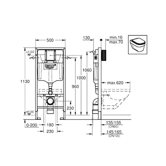 صورة شاسيه سيفون مخفي جروهي مع لوحة ضغط كروم مربعة (GROHE Rapid SL)
