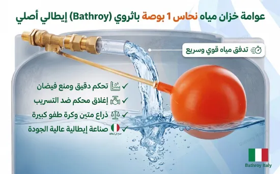 صورة عوامة خزان مياه نحاس 1 بوصة باثروي (Bathroy) إيطالي أصلي مع ذراع وكرة طفو – تحكم دقيق وإغلاق محكم ضد التسريب