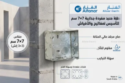 صورة علبة حديد مفردة جدارية 7×7 سم الفنار (Alfanar) لتأسيس المفاتيح والأفياش – صاج مجلفن عالي المتانة ومقاوم للتآكل